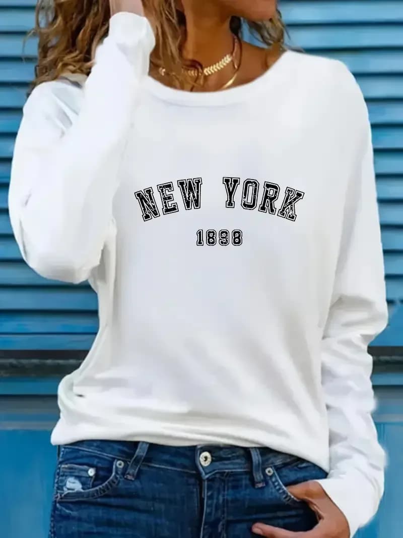 T-shirt girocollo casual anni '90 T-shirt girocollo a maniche lunghe con stampa di lettere New York anni '90 per donna Y2k Top Tee
