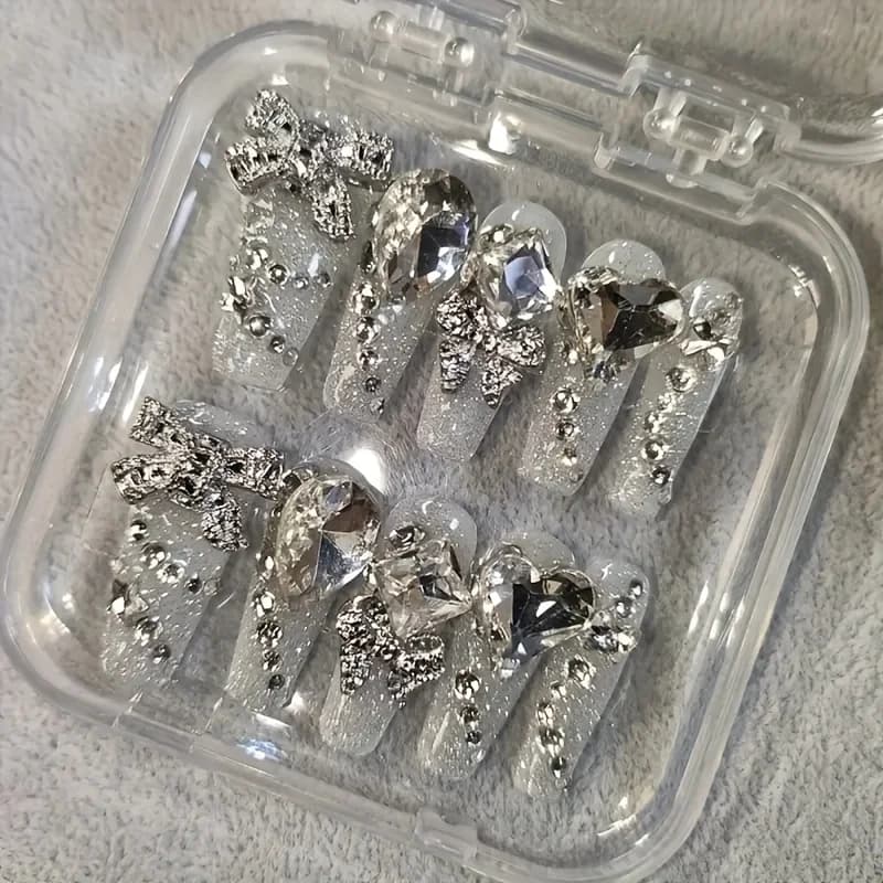 10 pieces of high-end silver flash long with diamonds hand-made fake nails, decorative patch for girl nails with long temperament and light luxury