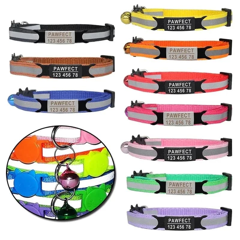 Collare per gatti riflettente con ID personalizzato - Nome personalizzato Fibbia di sicurezza regolabile con collana in nylon a campana per collana di gattini cuccioli