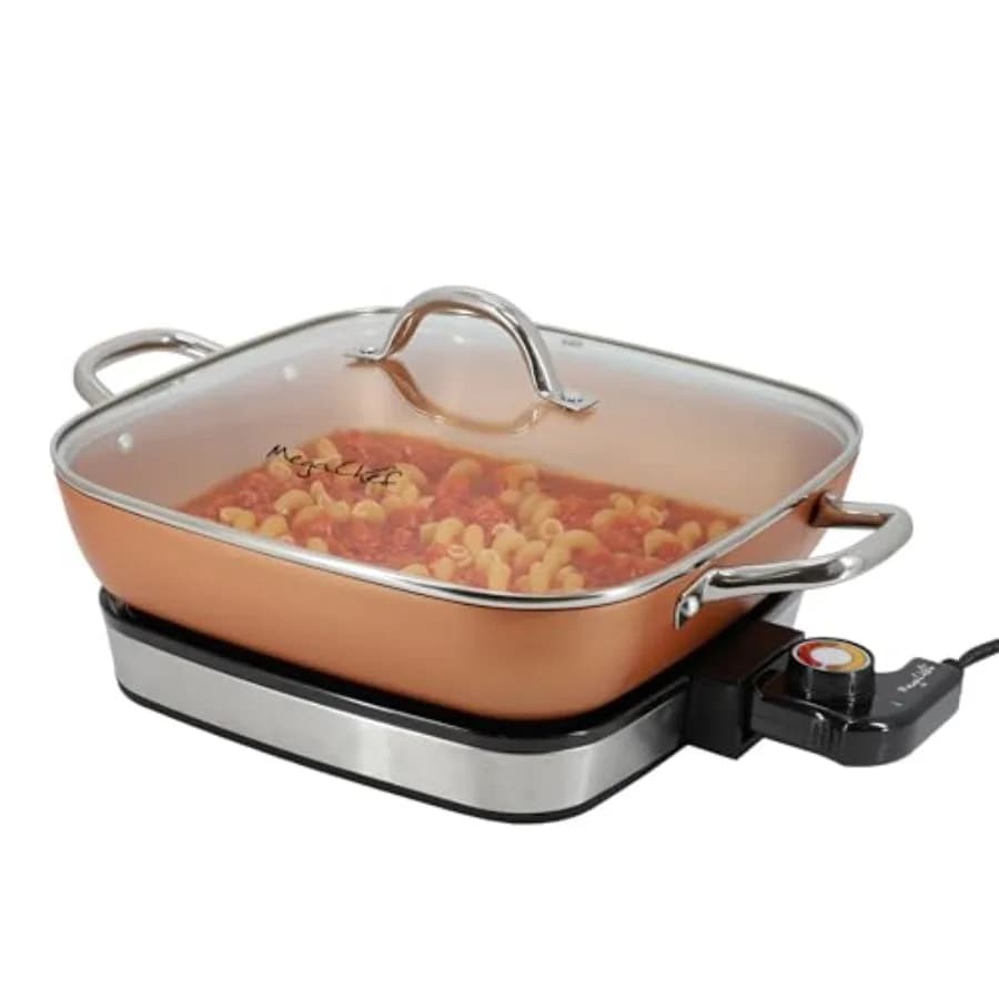 Padella Elettrica con Rivestimento Antiaderente in Rame, Coperchio in Vetro Temperato e Controllo della Temperatura Regolabile, Versatile Piccolo Elettrodomestico da Cucina