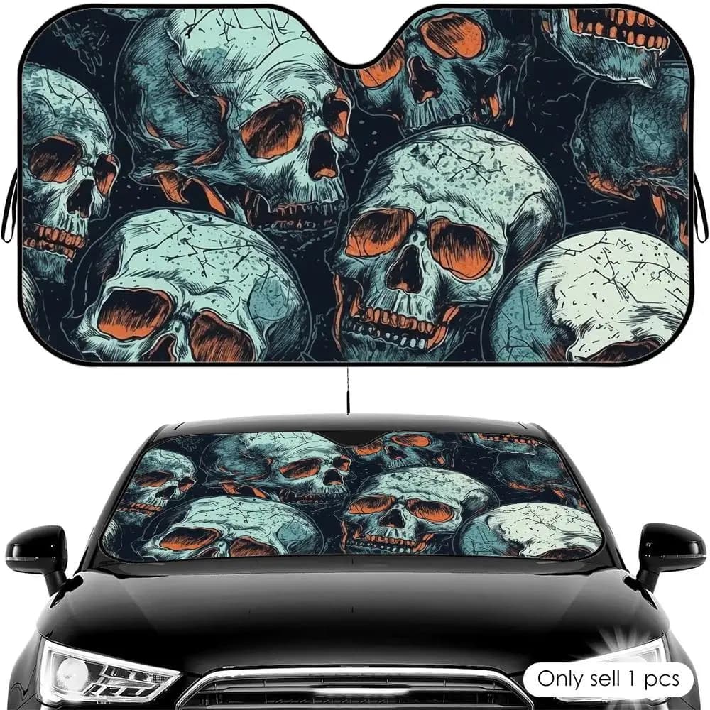 Parasole per Auto con Motivo Teschio Gotico, Pieghevole, Universale, Protezione UV, Isolamento Termico, Copertura Richiudibile