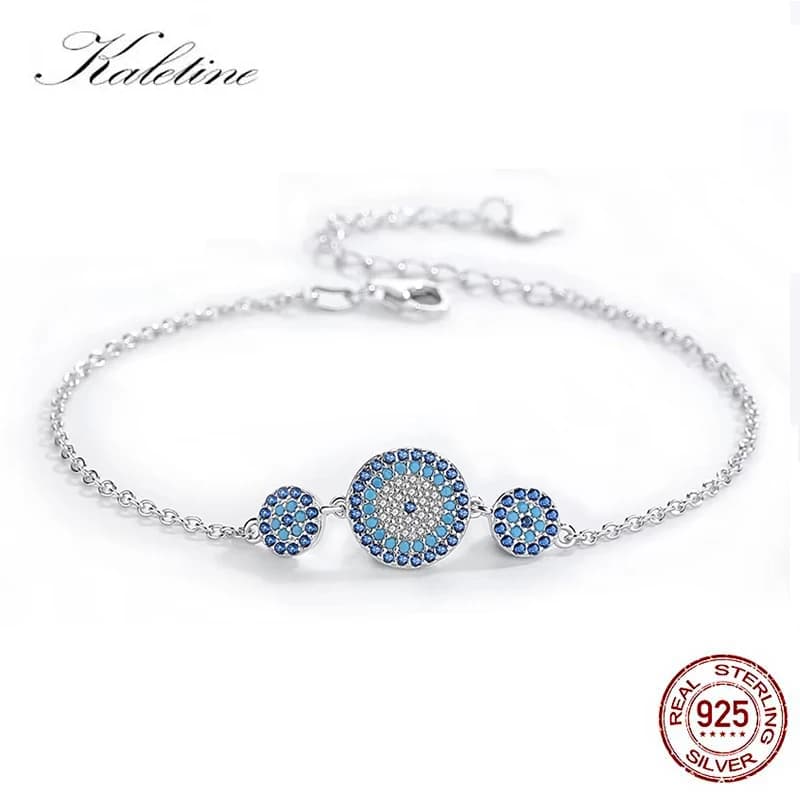 Bracciale KALETINE Occhio di Allah da donna, in autentico argento sterling 925, gioielli da uomo di lusso, bracciale tennis con tre pietre CZ blu rotonde