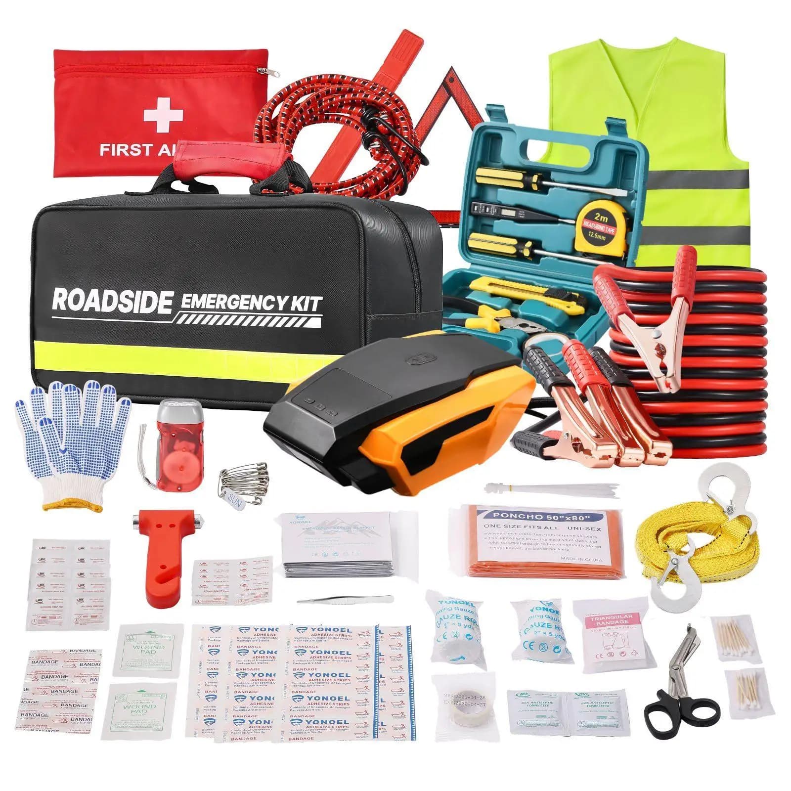 Kit di sicurezza per veicoli 32in1 con pronto soccorso avanzato - Gonfiatore rapido da 12 V, cavi batteria da 12 piedi, cassetta degli attrezzi, gilet, strumenti di sopravvivenza