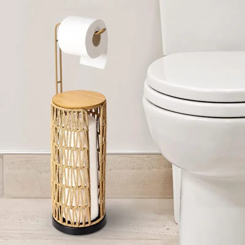 Portarotolo da terra con contenitore, porta 3 rotoli di carta igienica per bagno, in rattan, decorazione bagno, porta carta igienica