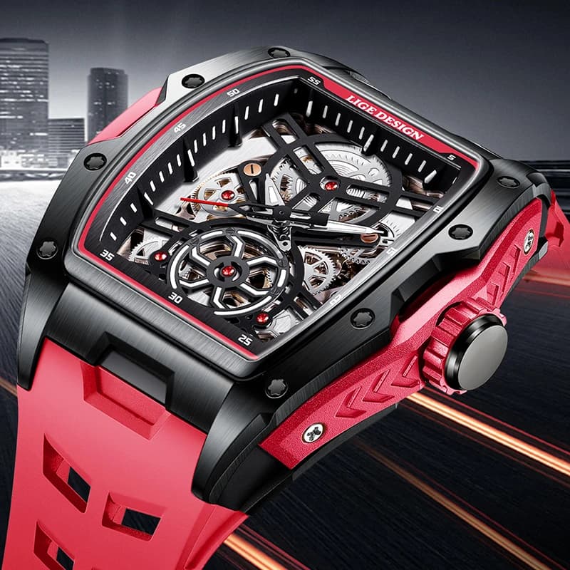 Orologio Meccanico di Lusso Originale LIGE per Uomo, Sportivo Casual da Esterno con Cinturino in Silicone, Orologio Automatico alla Moda Impermeabile
