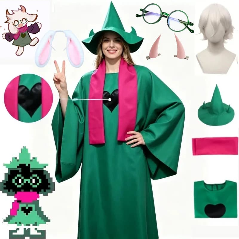 Costume Cosplay Deltarune Ralsei, Mantello Verde, Cappello da Mago, Sciarpa, Set Accessori Cosplay, Outfit per Halloween e Giochi Anime