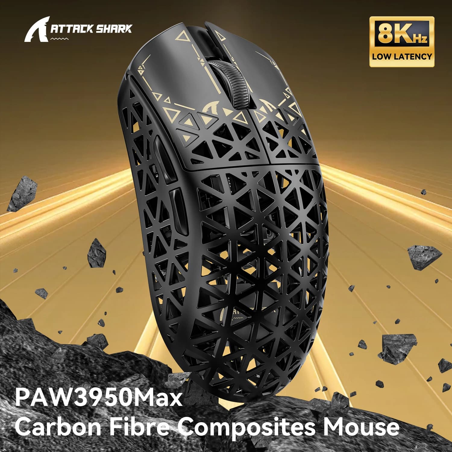 ATTACK SHARK R5 Mouse da gioco ultra wireless trimodale Fibra di carbonio 8K, PAW3950MAX, velocità di polling wireless 8000Hz, DPI fino a 42000