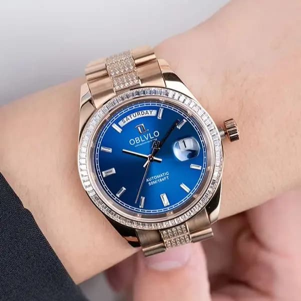 OBLVLO Men Automatic Watch 42mm Mechanical Wristwatch 50M Luminous Dual Calendar Week,Date Crystal Bezel Miyota 8285