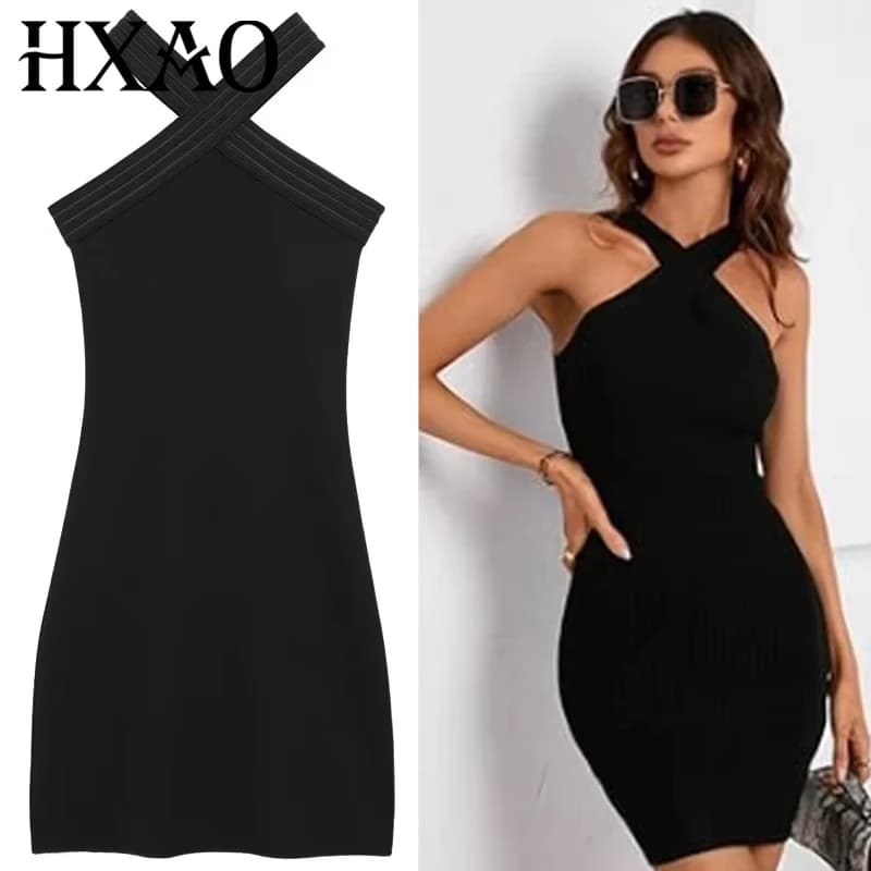 HXAO Halter Abito nero Abiti da donna Estate Sexy aderente Backless Abiti corti Donna Corsetto senza maniche Abiti elastici 066
