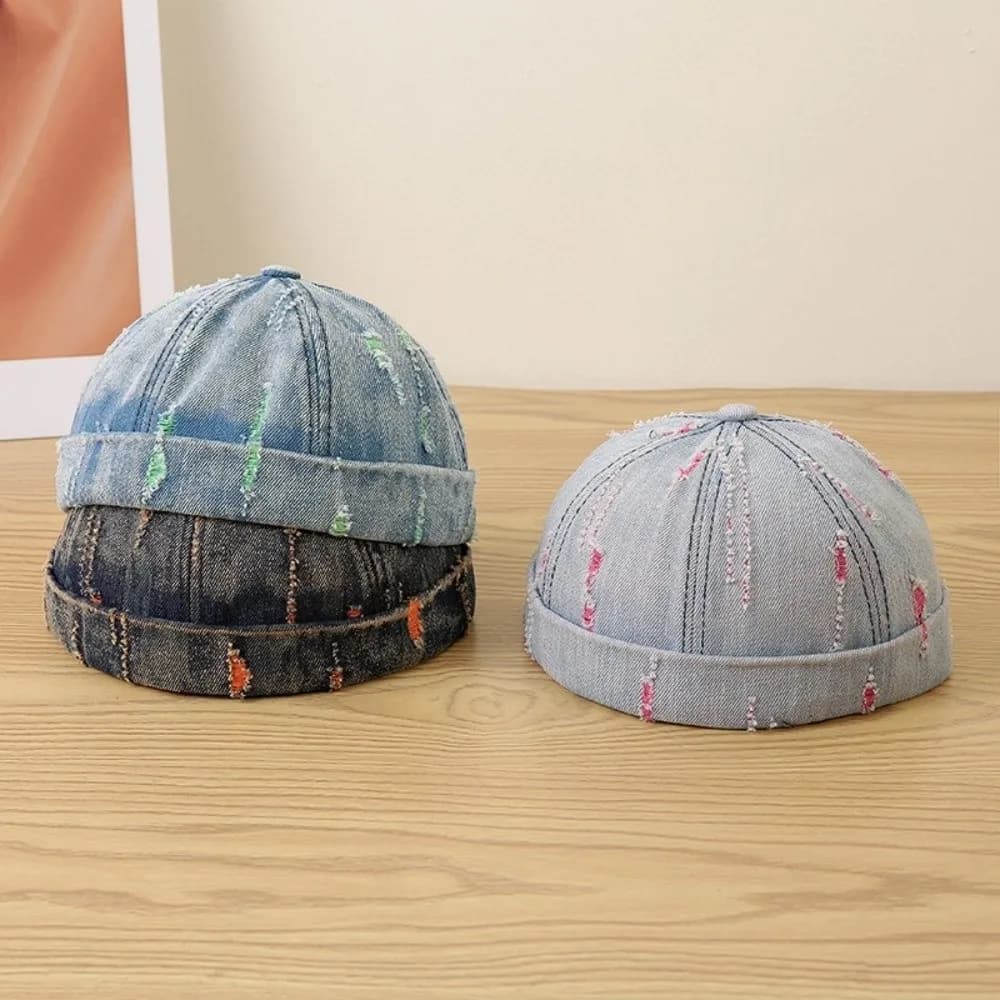 Broken Denim Docker Cap Frayed Edges Graffiti Print Brimless Beanie Without Visor Adjustable Cotton Polyester Blend