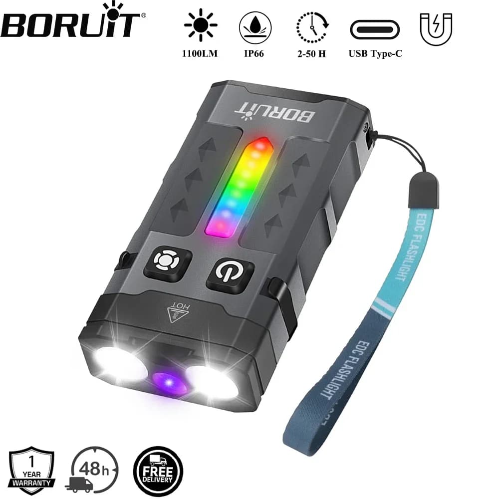 BORUiT EV20 1100LM EDC UV Keyring LED Flashlight Type-C Rechargeable Work Flashlight with Magnet Camping Pocket Lantern