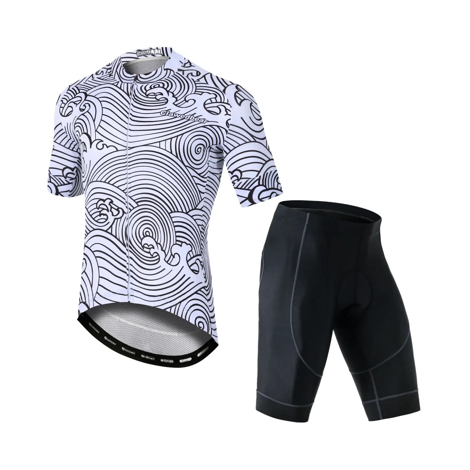 Men's short sleeve mountain bike clothing with wave pattern, padded cycling shorts, top sets and cycling shorts with full zip