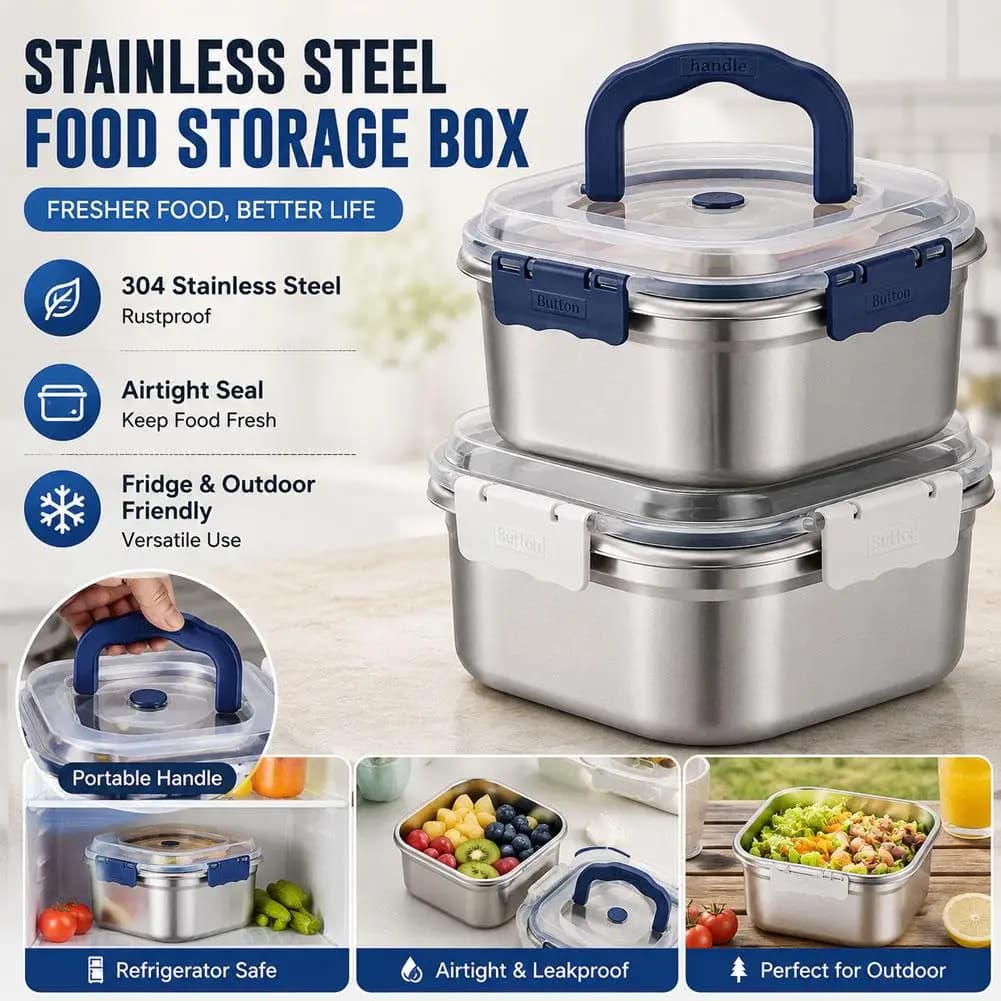 Stainless Steel Salad Fruit Food Container Sealed Anti-drip Large Capacity Lunch Box Camping Picnic Box for Fruit Salad Food