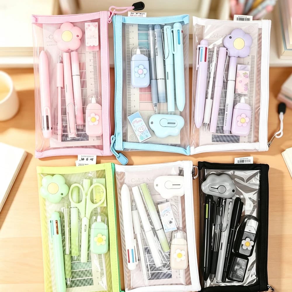 9Pcs/Set Stationery Set Pencil Case Utility Knife Eraser 6-Color Pen Highlighter Index Tabs Correction Tape Eternal Pencil Set