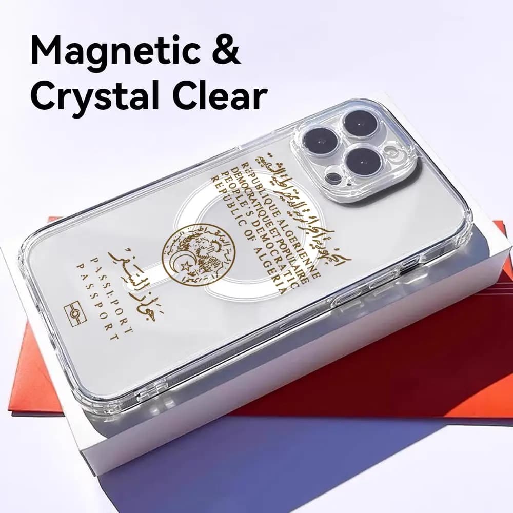 Custodia per iPhone con logo del passaporto dell'Algeria per iPhone 17 16 15 14 13 12 Pro Max Plus, con custodia magnetica trasparente e ricarica wireless