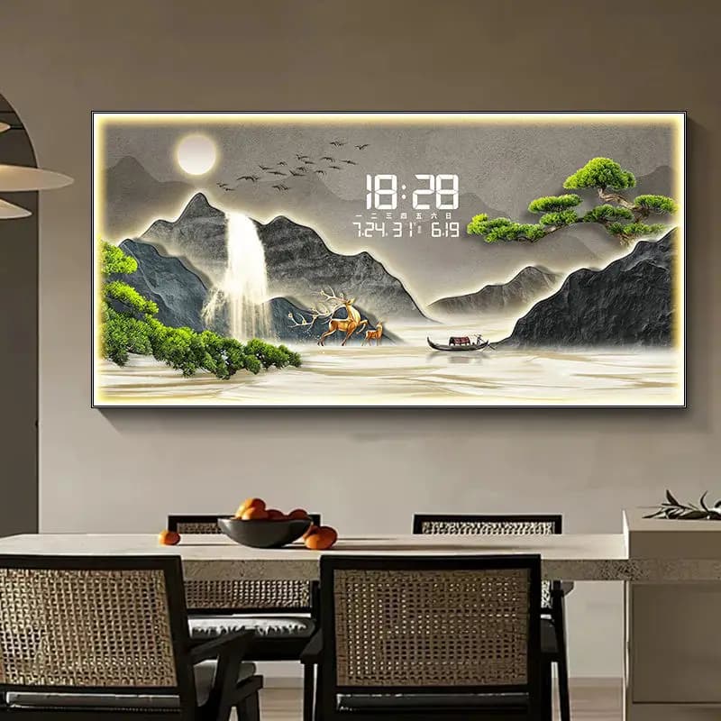 Orologio da parete digitale con pittura a LED su porcellana cristallina, cornice con diamanti e paesaggio artistico per decorazione di ristoranti, base di supporto per tela.
