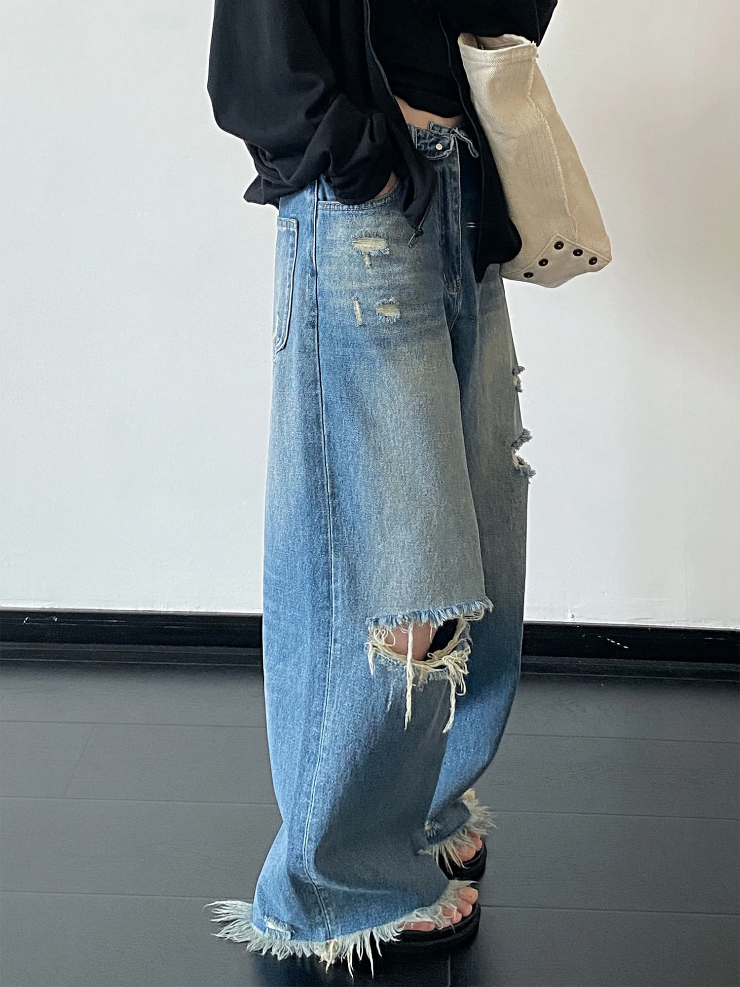 SunYeo Trendy Wide Leg Jeans High Waist Hole Design Frayed Vintage Fashion Street Style Spring Summer Ladies Denim Pants