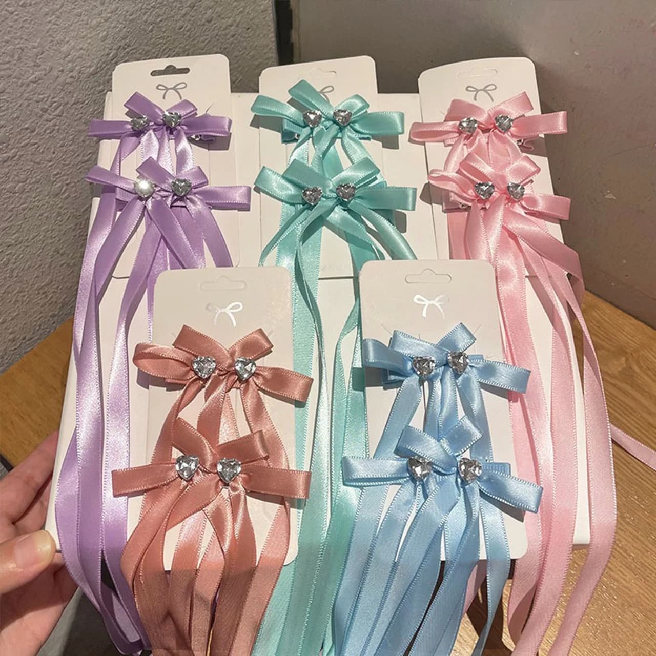 2Pcs Heart-shaped Rhinestone Hair Clips Sweet Children Bow Hairpins Long Tassel Ribbon Bowknot Barrettes Kids Girl Duckbill Clip