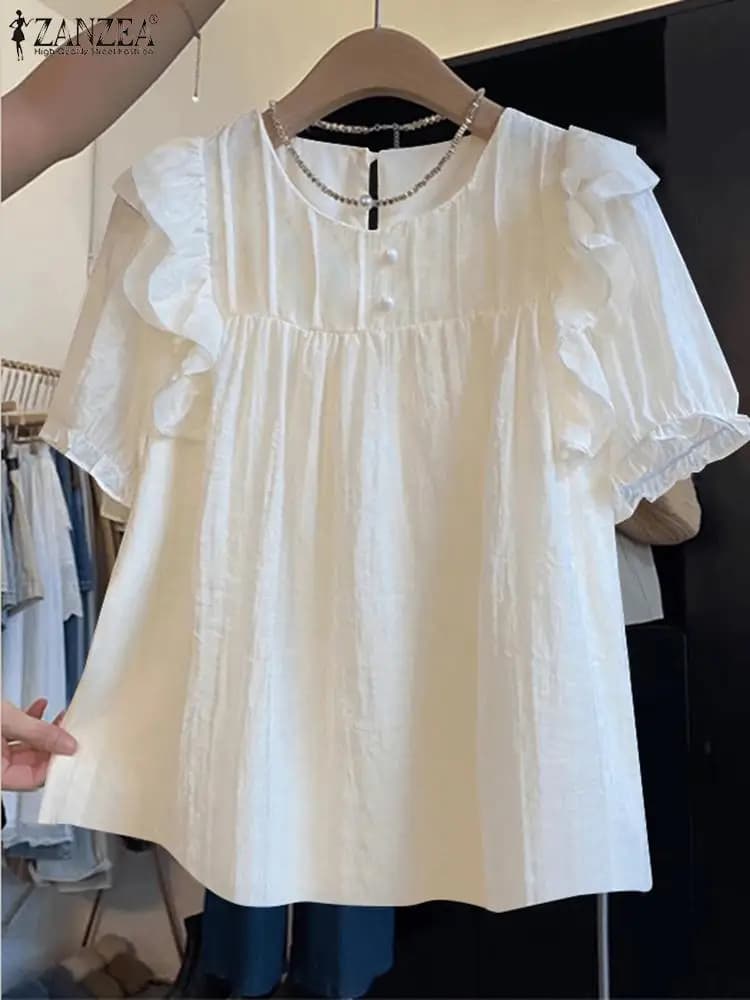 ZANZEA woman sleek top fashion shirt Patchwork tuned Korean fashion Puff short sleeve tunic holiday buttons pleated blusa