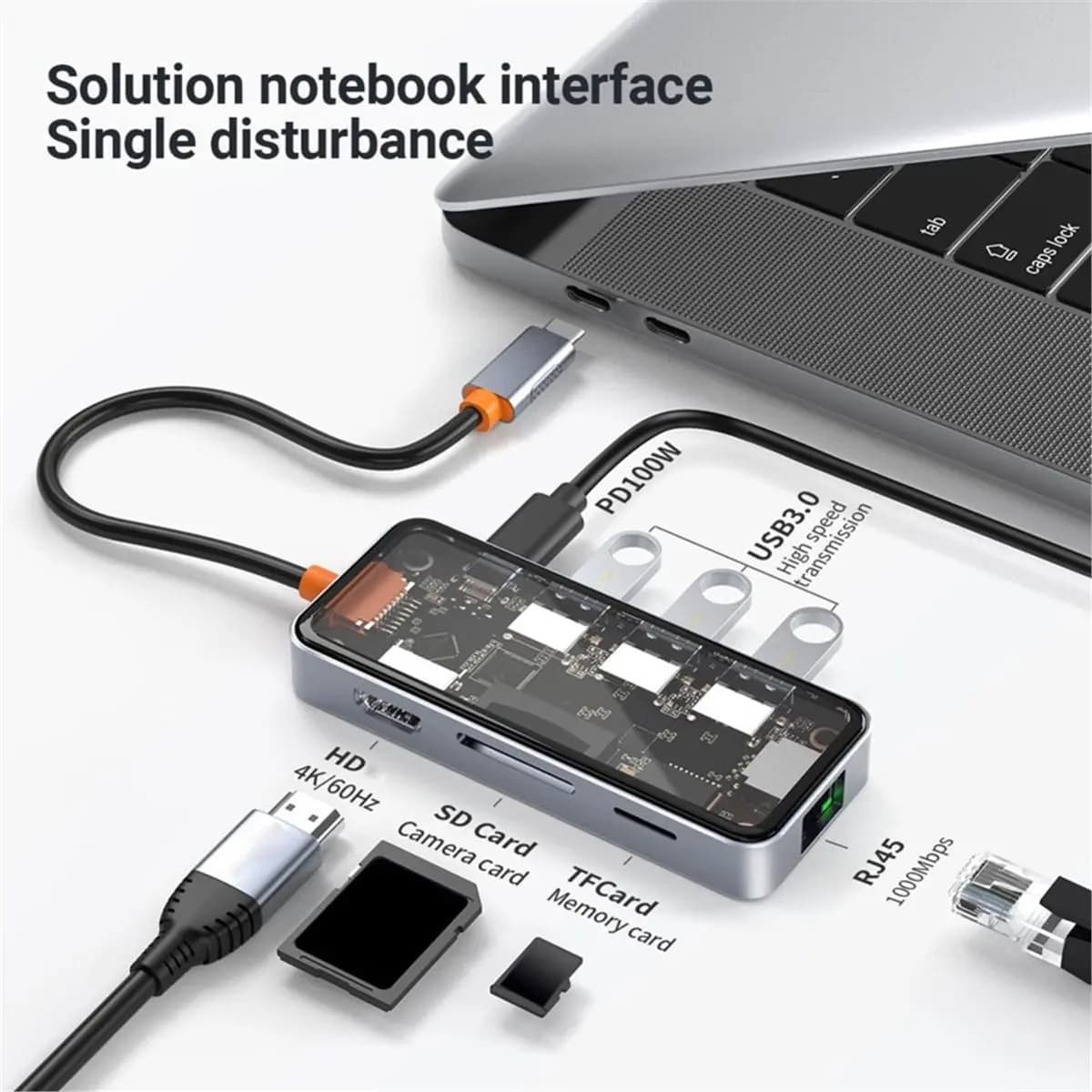 computer Clear USB Hub with RJ45 Gigabit Ethernet, 4K HDMI-Compatible 2.0 Output, 100W PD Charging, Dual Micro/SD Card Reader