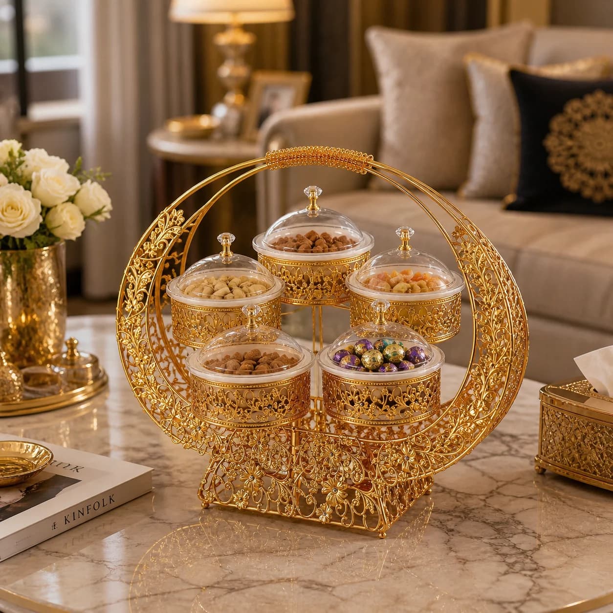 Elegante Scatola per Caramelle in Lega di Zinco e Acrilico con Coperchi Trasparenti, Vassoio a 6 Scomparti Color Oro per Frutta Secca, Dessert e Snack
