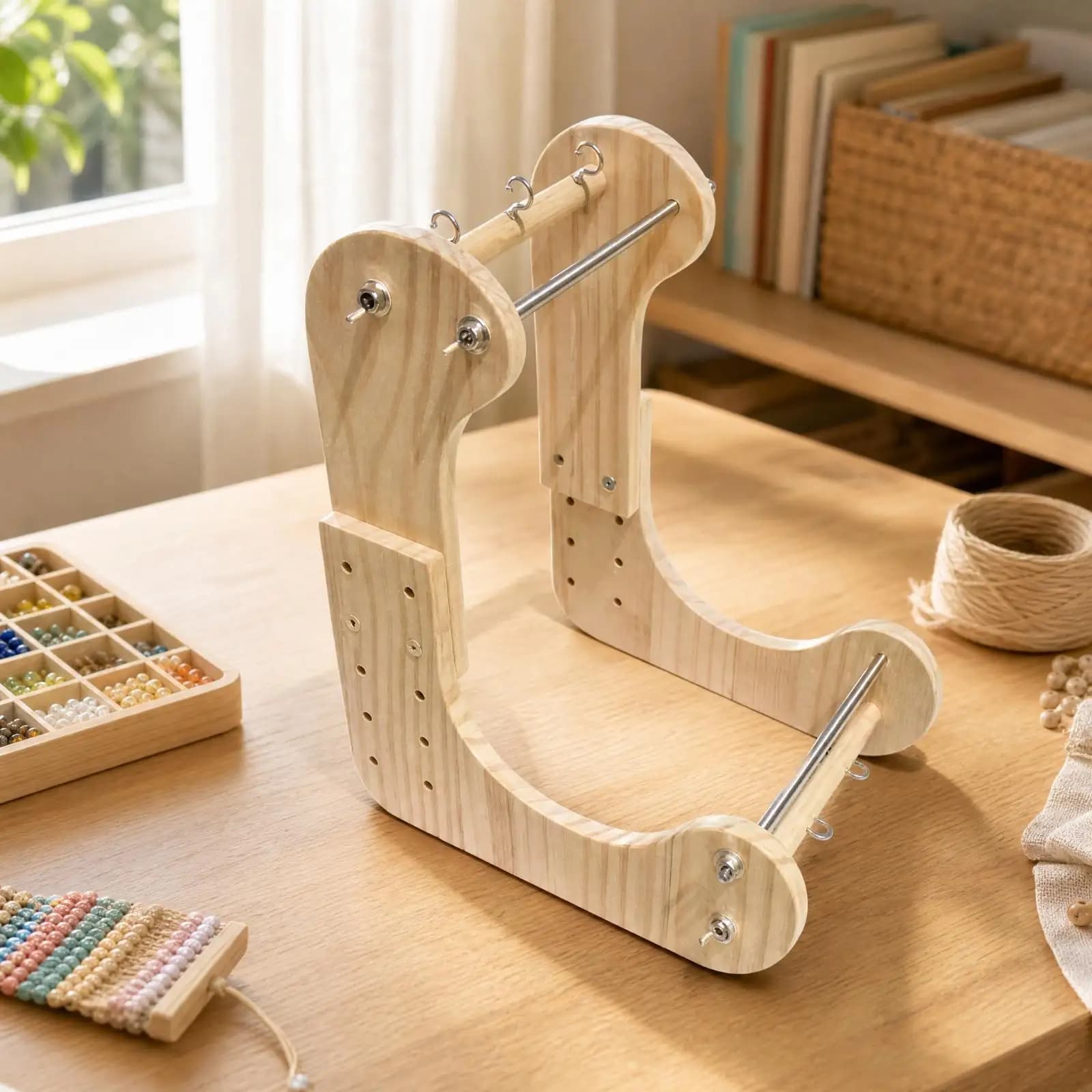 Wooden Bead-Weaving Loom DIY Beadwork Loom with Metal Rods Craft Tool for Jewelry Makers, Hobbyists, Handcraft Projects