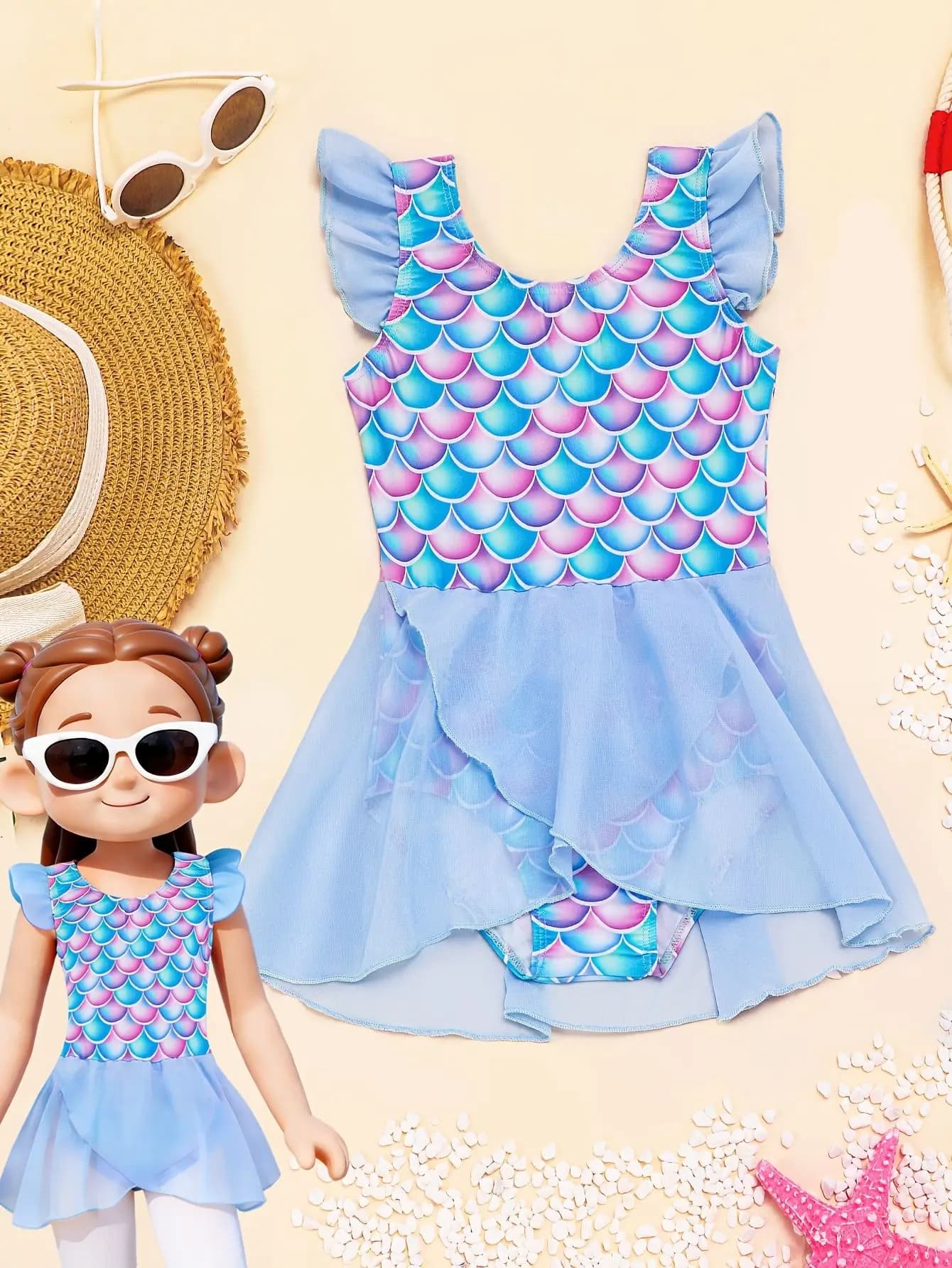 Costume da bagno intero da bambina con volant, modello sirena, in tulle, per l'estate e la spiaggia
