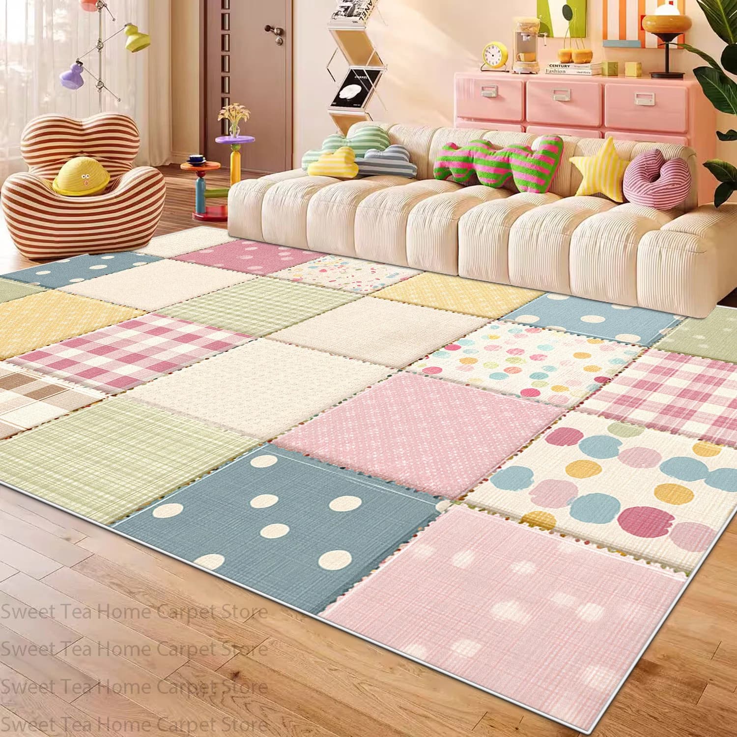 Ins Cream Block Living Room Sofa Carpet Decoration Bedroom Non-slip Washable Light Luxury Rug Soft Plush Study Floor Mat 200x300