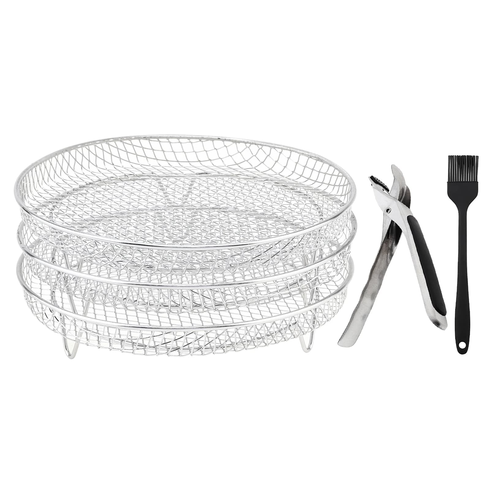 7.87inch Round 304 Stainless Steel Air Fryer Rack with Clip and Oil Brush, Three Layer Stackable Air Fryer Mounting Bracket Set