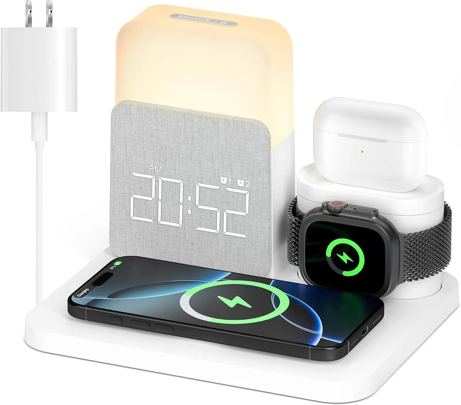 Wireless Charging Station 7-in-1 with Wake-up and Night Light for Phones, Watches and Audiences