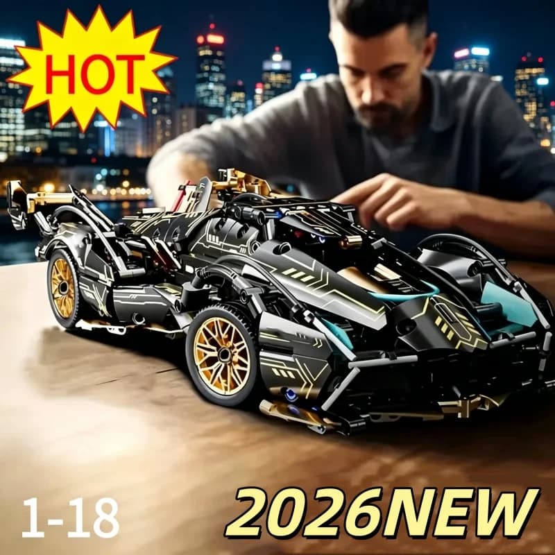 Modellino Auto da Corsa V12 in Blocchi da Costruzione, Nero e Oro, Modello in Legno da Scrivania, Regalo di Compleanno per Fidanzato