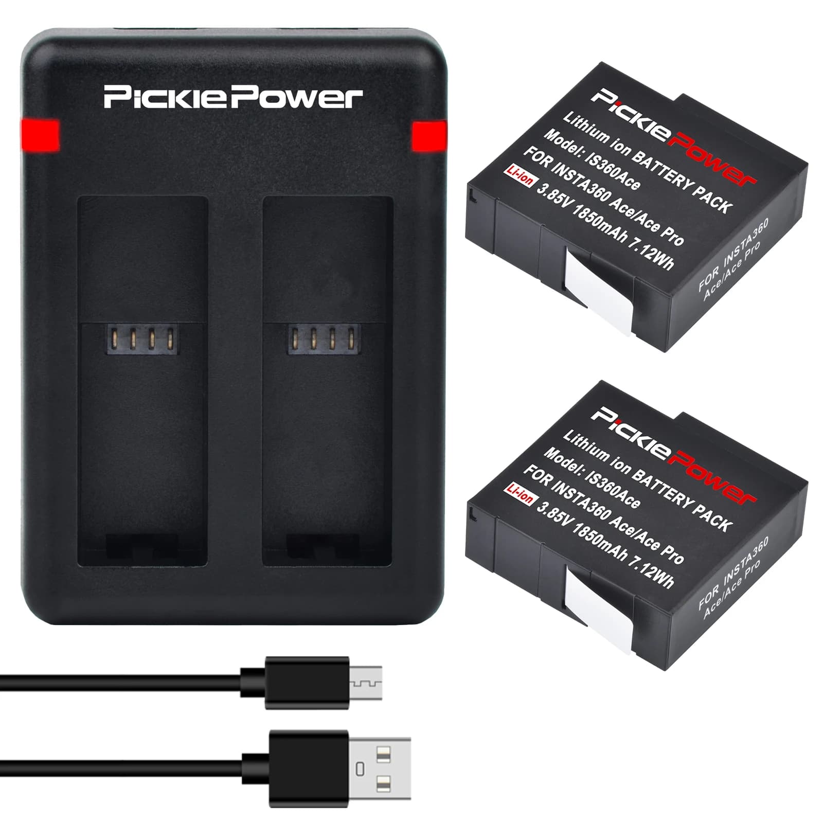 PicklePower 1850mAh battery for Insta360 Ace/Ace pro/Ace Pro 2, double charger for action camera Insta 360 Ace
