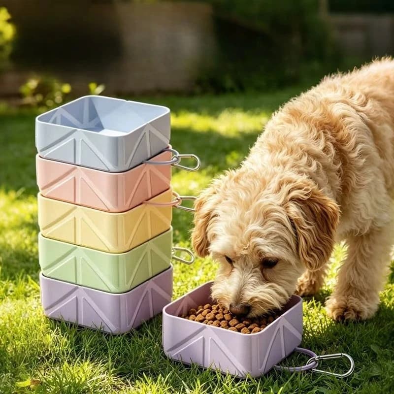 1PC 10.5×10.5×4.5cm Foldable Silicone Pet Bowl Portable Travel Dog Cat Water Food Bowl with Carabiner Clip Outdoor Feeder Dish