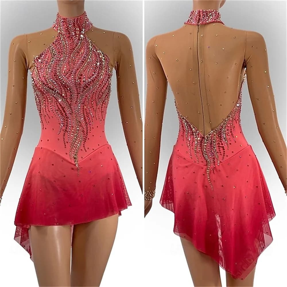 Abito da pattinaggio su ghiaccio scintillante per ragazze e donne Elegante abito da pattinaggio di figura con tessuto elasticizzato per allenamento e performance