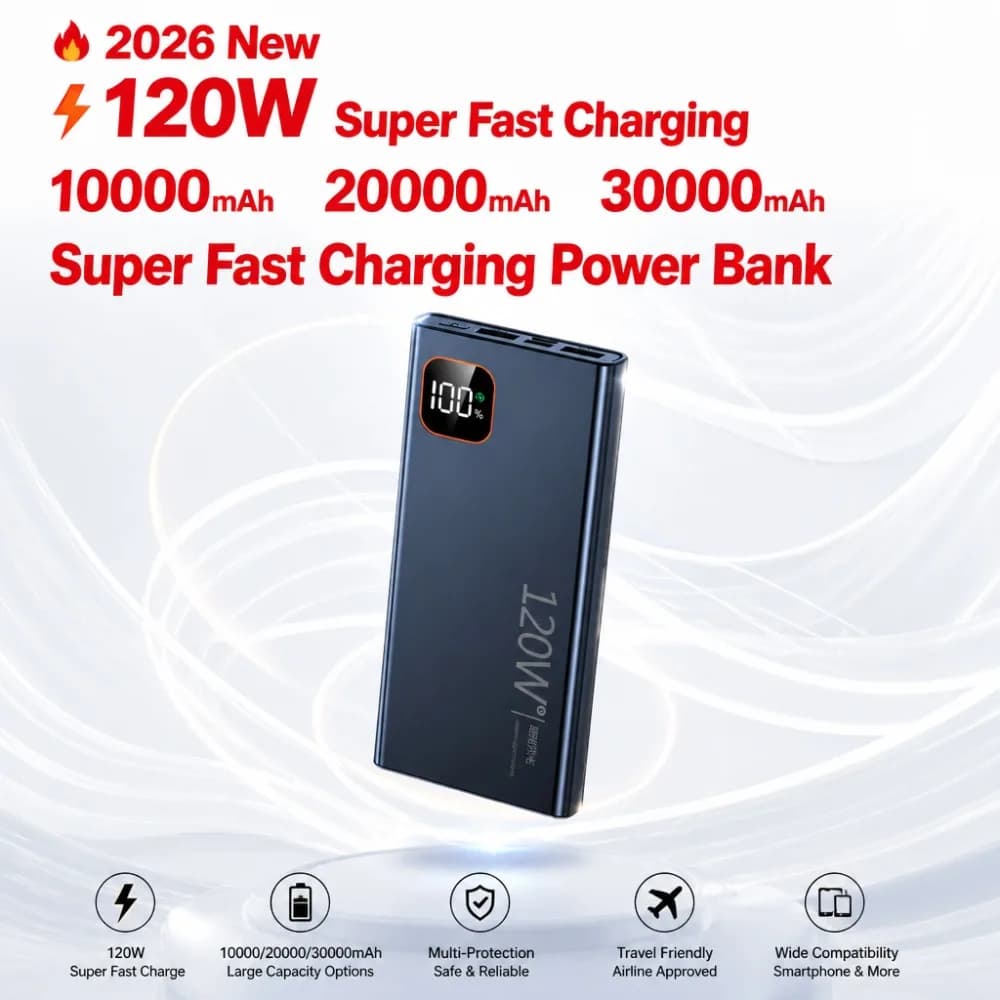 120W 20000mAh Power Bank Fast Charging USB C High Capacity External Battery for iPhone Samsung Huawei Android PowerBank