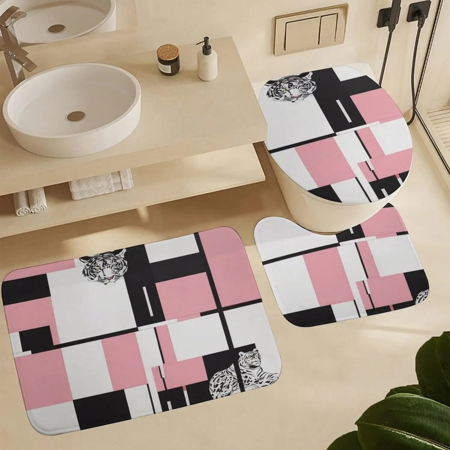 Tappetini da bagno 3 pezzi tigre animale Set tappetino da bagno antiscivolo impermeabile tigre geometrica a strisce bianche e nere, tappeto lavabile per bagno