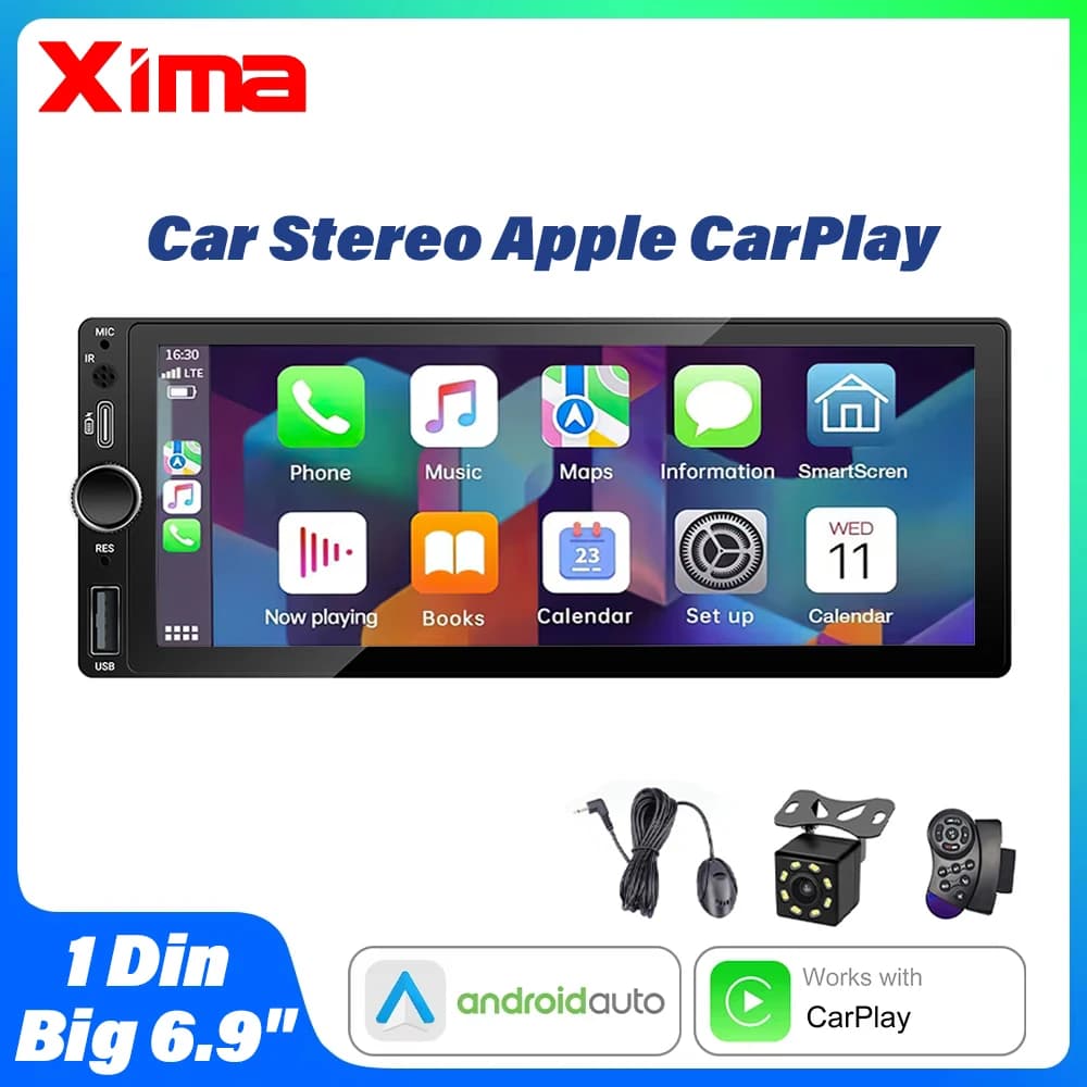 XIMA IPS HD 6.9 pollici Autoradio Wireless Carplay Android Auto 1Din Multimedia Playe Mirrorlink AUX Bluetooth USB Type-C Ricarica