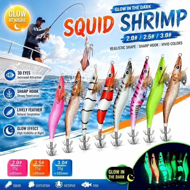 Glow Wooden Squid Jig Luminous Octopus Fishing Lure Artificial Shrimp Squid Bait 2.0 2.5 3.0# Trolling Hook Saltwater Catch Tool