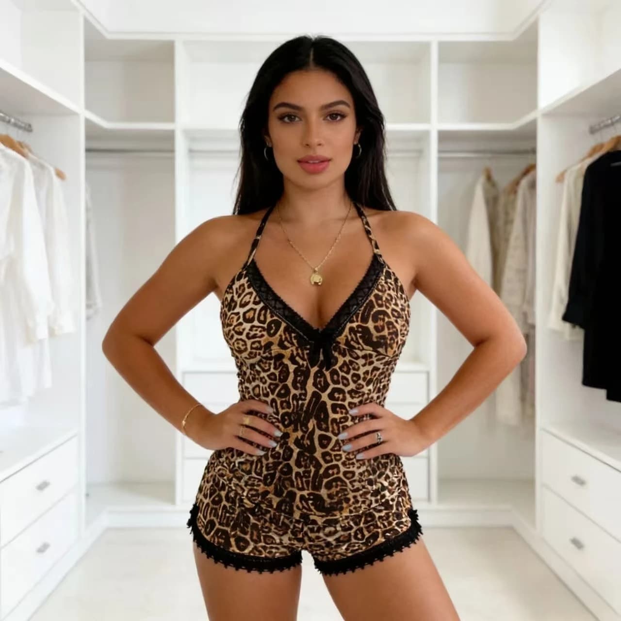 Leopard Print Lace Trim 2 Piece Pajama Set Women Sleeveless Top Shorts Soft Night Loungewear Intimate Sleep Outfit