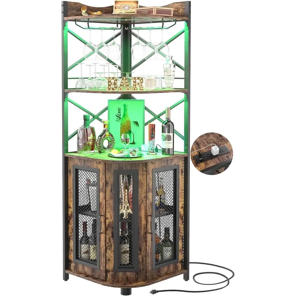 Mobiletto per Vini e Liquori in Stile Industriale a 5 Ripiani con Illuminazione LED e Portabicchieri in Marrone Rustico