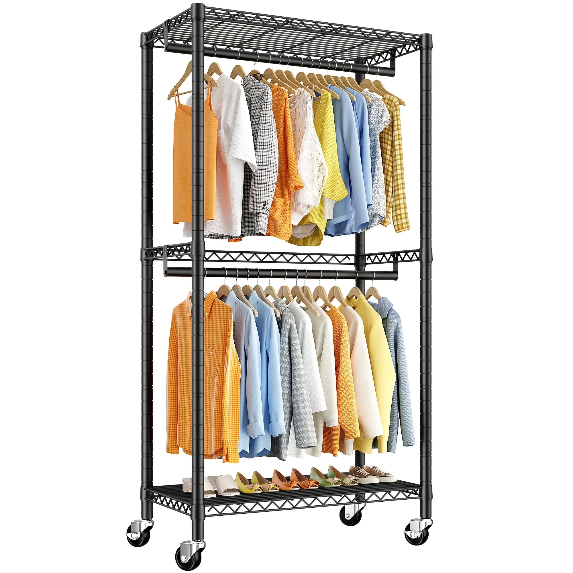 Robusto appendiabiti su ruote, alto 79 pollici, organizer per armadio in metallo regolabile con due ripiani, in grado di sostenere fino a 240 libbre, ideale per camere da letto, armadi e appartamenti, con dimensioni di 79" H x 35,5" W x 15,7" D.