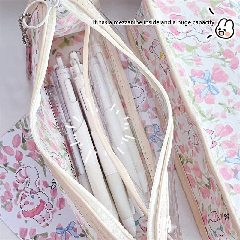 Astuccio Trasparente con Gattino e Tulipano Rosa, Borsa per Trucchi da Ragazza, Portapenne per Studenti, Grande Capacità, Portatile