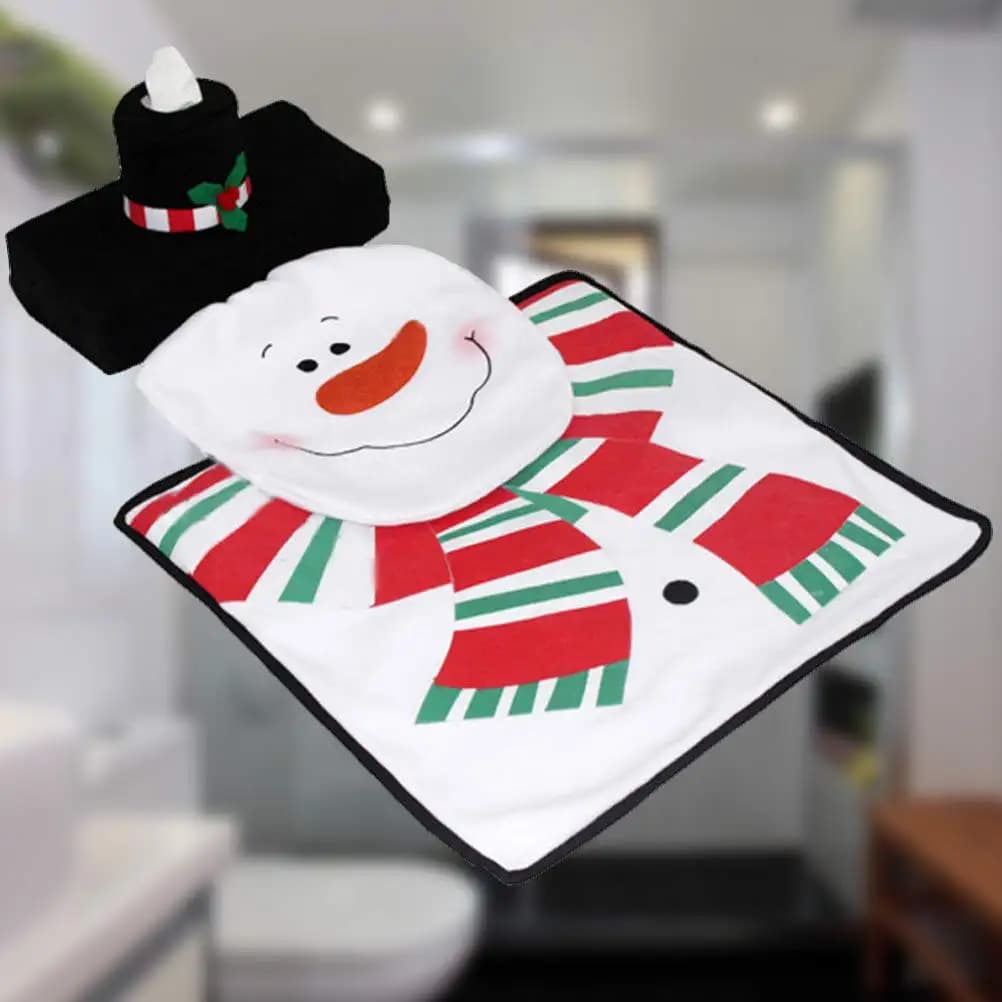 Set Decorazioni Bagno Natalizie Tema Pupazzo di Neve, Copriwater a Forma di U, Tappetino 2 in 1, Portarotolo Carta Igienica, Copri Serbatoio