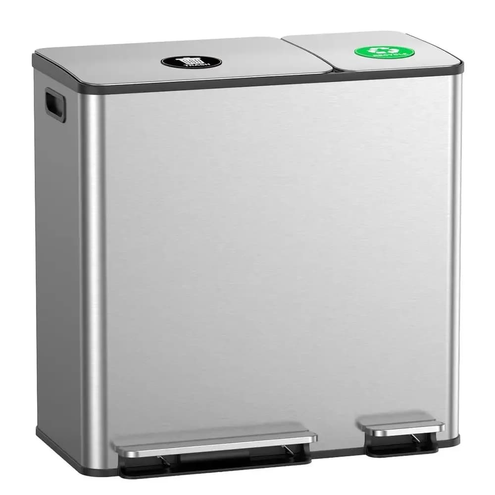 Bidone per Rifiuti e Riciclaggio in Acciaio Inox da 13+6 Galloni per Uso in Cucina, Ideale per Famiglie Numerose con Coperchio a Chiusura Morbida e Magnete