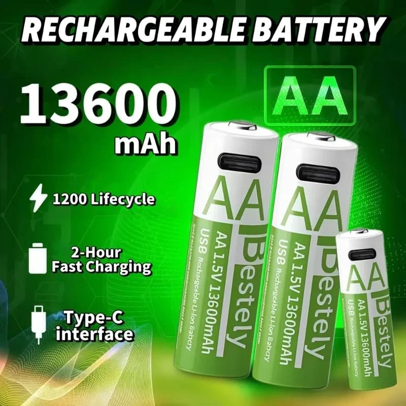 Bestely New AA 1.5V 13600mAh Batteria al litio ricaricabile USB Type-C Aa Batterie agli ioni di litio per telecomando Smart Door Lock Toy