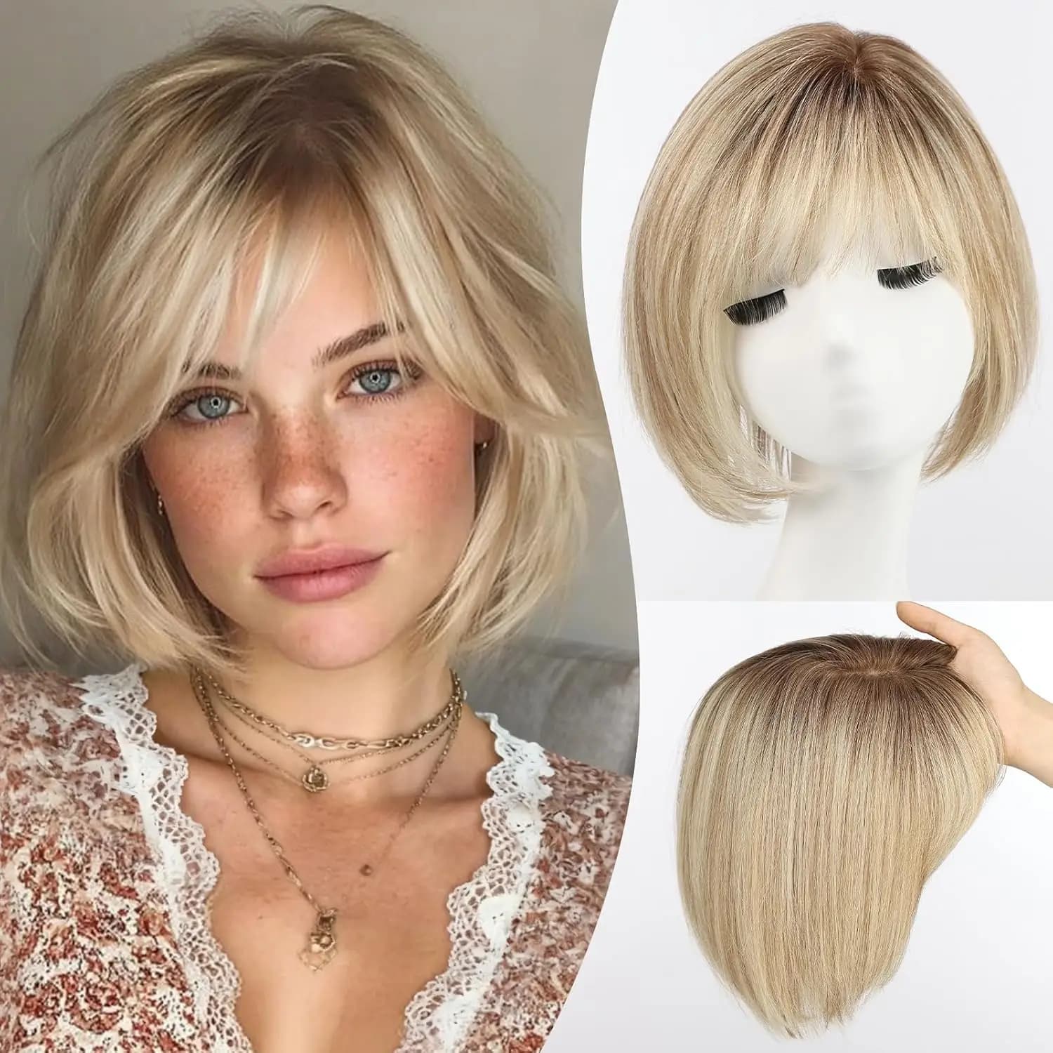 Topper per capelli umani Ombre Marrone Biondo da 10 pollici, con base grande 6.5*6.5 pollici, tipo Bob, con 4 clip e frangia laterale per donna
