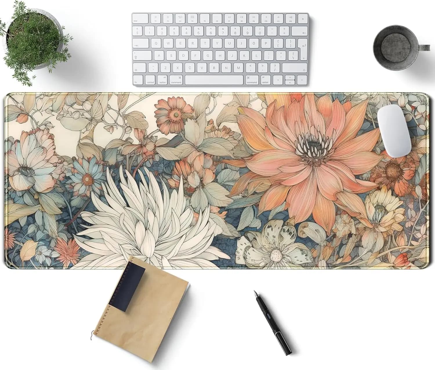 Tappetino per mouse XL esteso con motivo floreale, 80x30 cm, bordi cuciti, tappetino da scrivania per ufficio e gaming