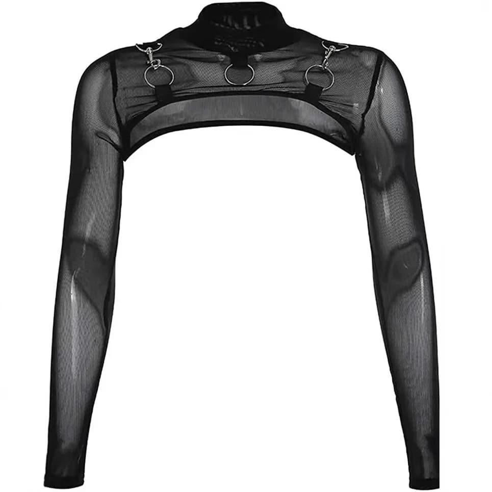 Trendy Long Sleeve Mesh Top Halter Neck Fishing Net Cover up with Lock Buckle Slim Fit Women's Ethnic Style Stage Costume