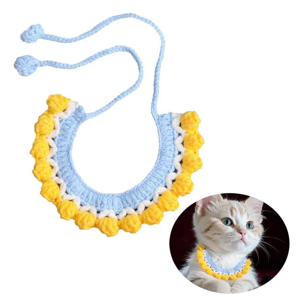Handmade Crochet Pet Collar Adjustable Tie Soft Cotton Pet Neck Scarf for Cat Kitten Small Dog Puppy Daily and Party Costume