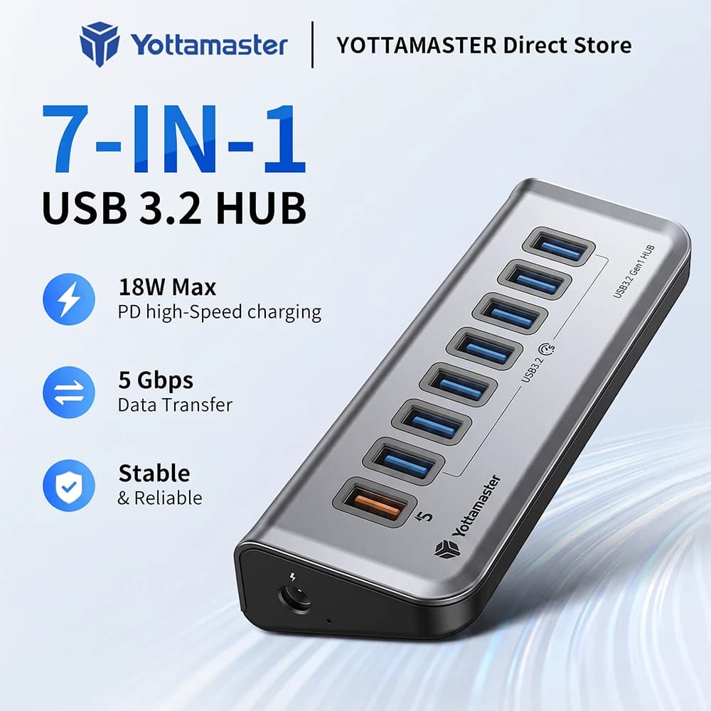 Yottamaster 7/8 Bay USB Splitter USB 3.2 Hub 10Gbps Type C PD 60 W Adapter Multi Ports USB 3.0 Docking Station Hub For Laptop PC
